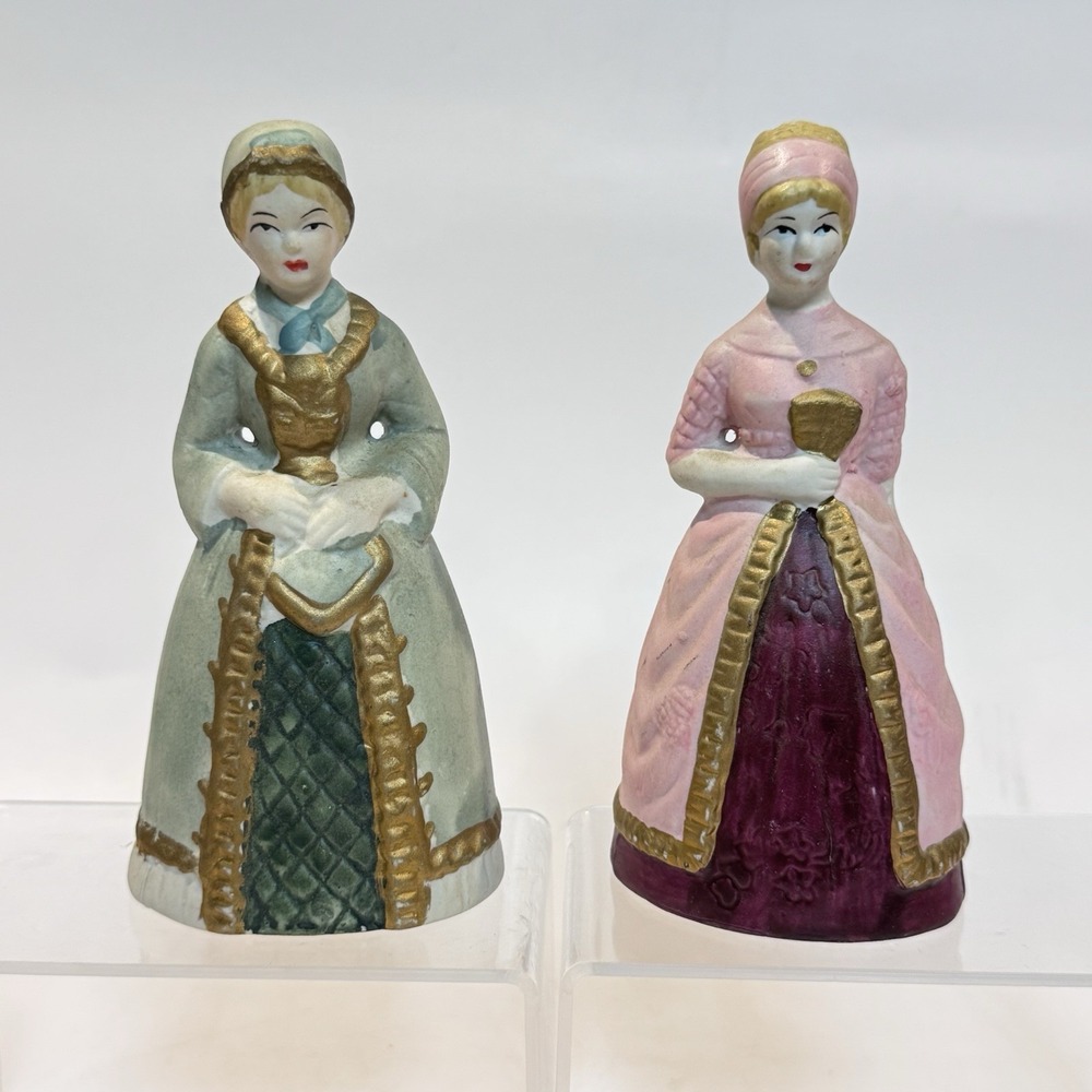 Pair of Victorian Dressed Women Handpainted Porcelain Bells‎ 6" Tall